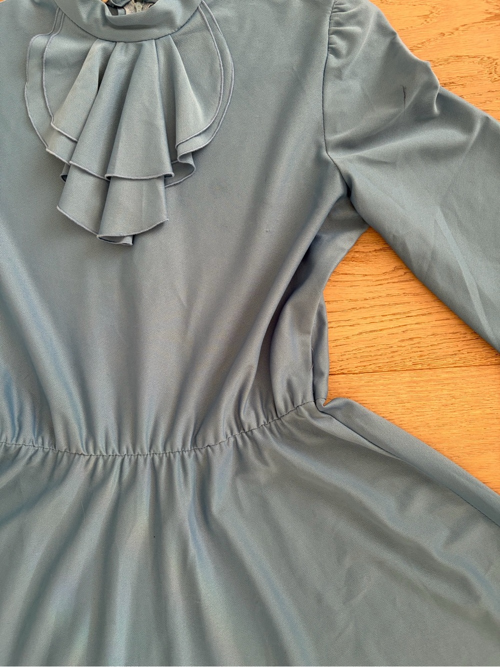 Vintage Dusty Blue Long-Sleeve Ruffle-Neck Fit-and-Flare Dress - Picture 3 of 7